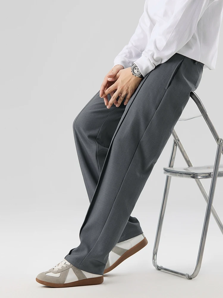 2026 New Korean Men's Casual Pants Banded Waist Stretch Semi-Wide Pleated Suit Slacks Straight Loose Draped Trousers