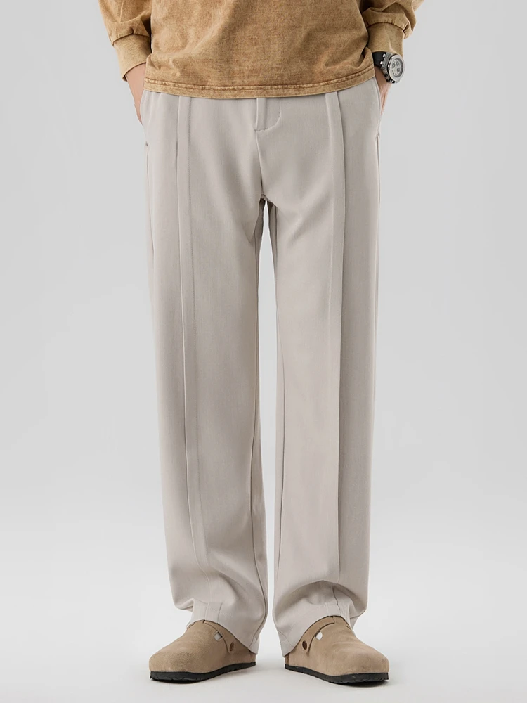 2026 New Korean Men's Casual Pants Banded Waist Stretch Semi-Wide Pleated Suit Slacks Straight Loose Draped Trousers