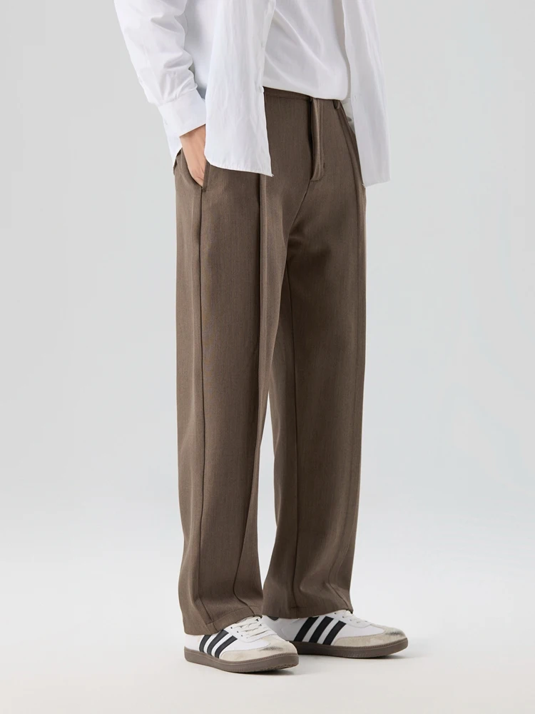 2026 New Korean Men's Casual Pants Banded Waist Stretch Semi-Wide Pleated Suit Slacks Straight Loose Draped Trousers