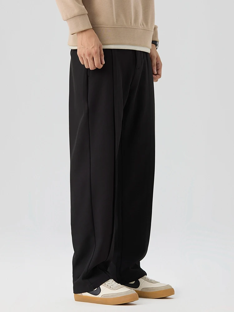 2026 New Korean Men's Casual Pants Banded Waist Stretch Semi-Wide Pleated Suit Slacks Straight Loose Draped Trousers