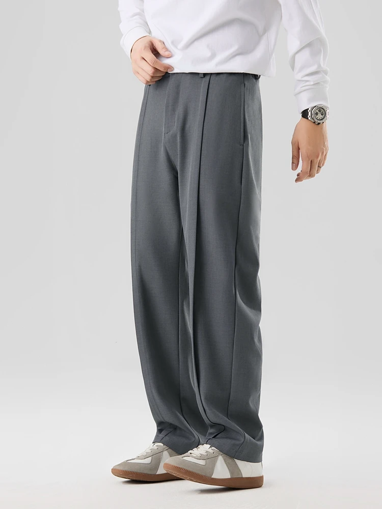 2026 New Korean Men's Casual Pants Banded Waist Stretch Semi-Wide Pleated Suit Slacks Straight Loose Draped Trousers
