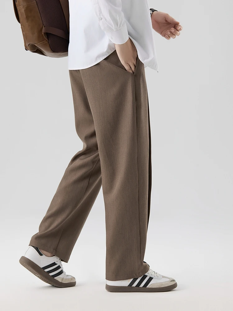 2026 New Korean Men's Casual Pants Banded Waist Stretch Semi-Wide Pleated Suit Slacks Straight Loose Draped Trousers
