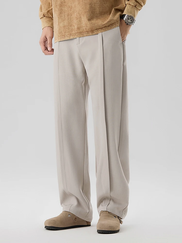 2026 New Korean Men's Casual Pants Banded Waist Stretch Semi-Wide Pleated Suit Slacks Straight Loose Draped Trousers