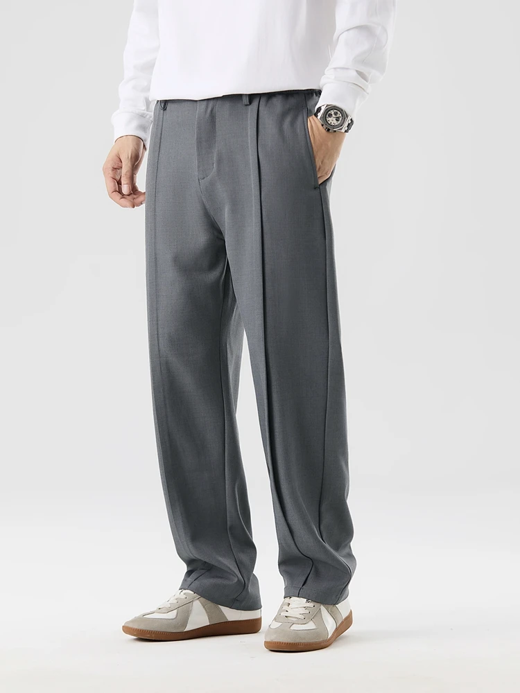 2026 New Korean Men's Casual Pants Banded Waist Stretch Semi-Wide Pleated Suit Slacks Straight Loose Draped Trousers