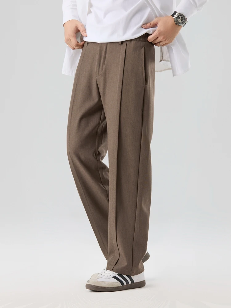 2026 New Korean Men's Casual Pants Banded Waist Stretch Semi-Wide Pleated Suit Slacks Straight Loose Draped Trousers