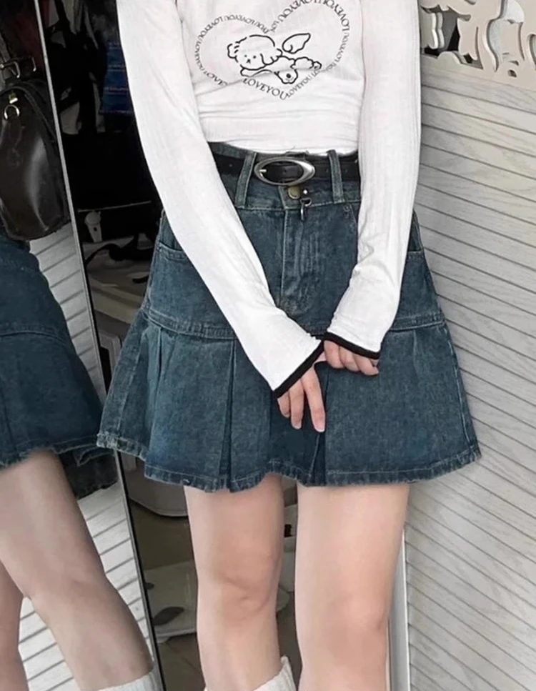 Vintage Wash Blue Denim Skirt Shorts for Women High Waist A-Line Slim Fit Korean Summer Fashion Mini Jeans Ruffle Skir