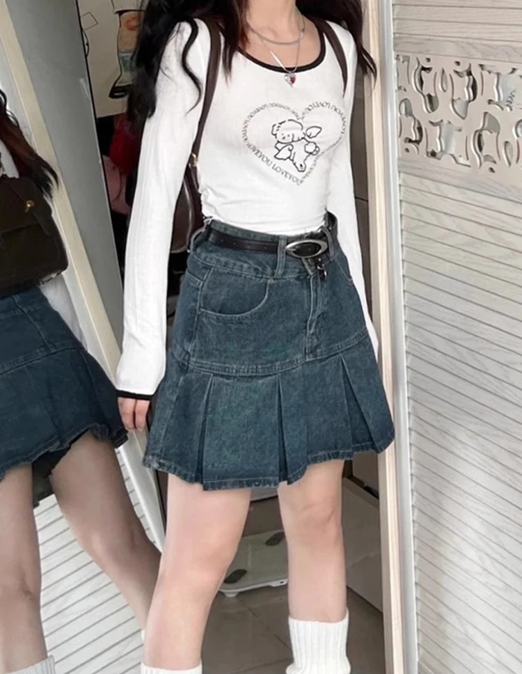 Vintage Wash Blue Denim Skirt Shorts for Women High Waist A-Line Slim Fit Korean Summer Fashion Mini Jeans Ruffle Skir