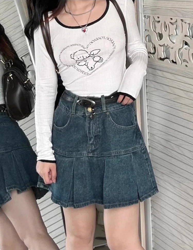 Vintage Wash Blue Denim Skirt Shorts for Women High Waist A-Line Slim Fit Korean Summer Fashion Mini Jeans Ruffle Skir