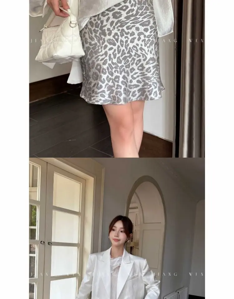 Leopard Printed Skirt Women's Elegant High Waist Office Silver A-Line Chic Skirt Female Evening Party Ladies Fashion Short Skirt