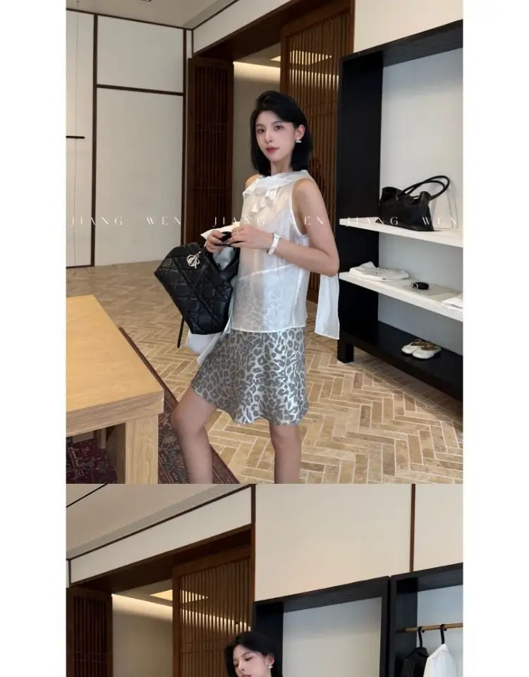 Leopard Printed Skirt Women's Elegant High Waist Office Silver A-Line Chic Skirt Female Evening Party Ladies Fashion Short Skirt