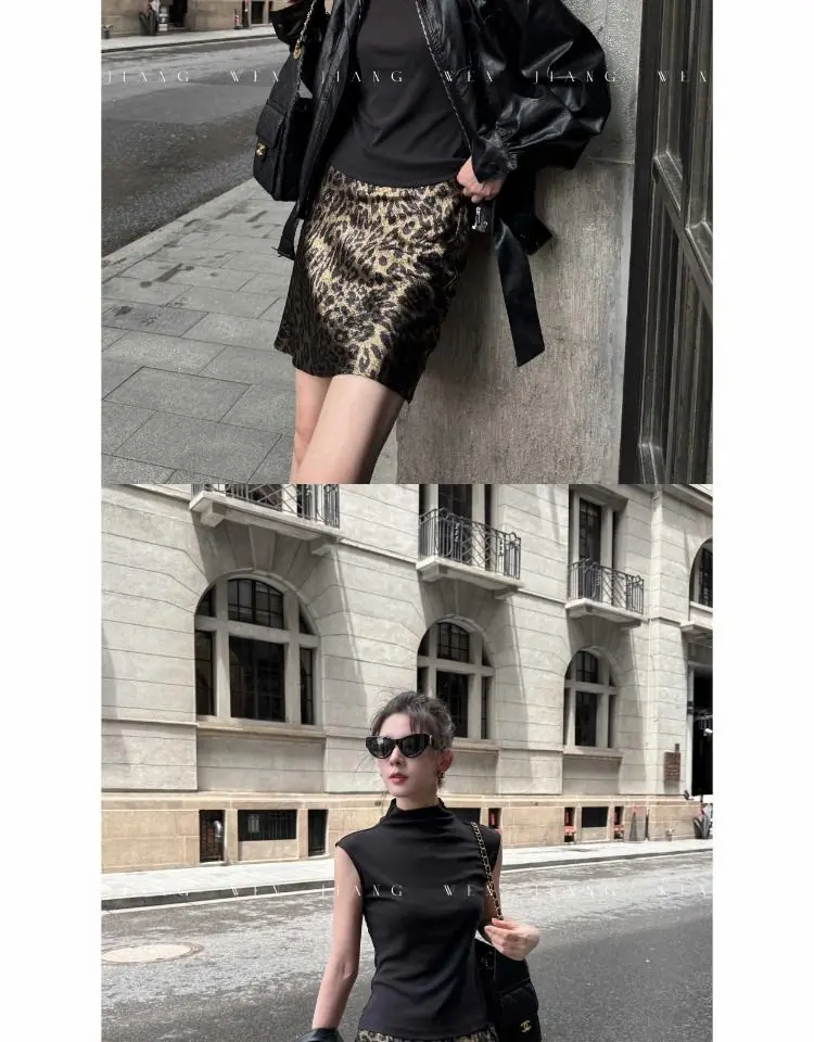 Leopard Printed Skirt Women's Elegant High Waist Office Silver A-Line Chic Skirt Female Evening Party Ladies Fashion Short Skirt