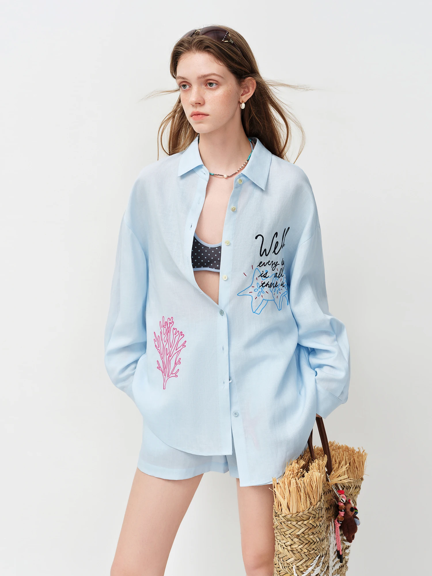 FSLE Linen Shirt Shorts Elastic Waist Trousers Three-piece Set Women Ocean Element Embroidery 2026 Summer Sun-protection Suit