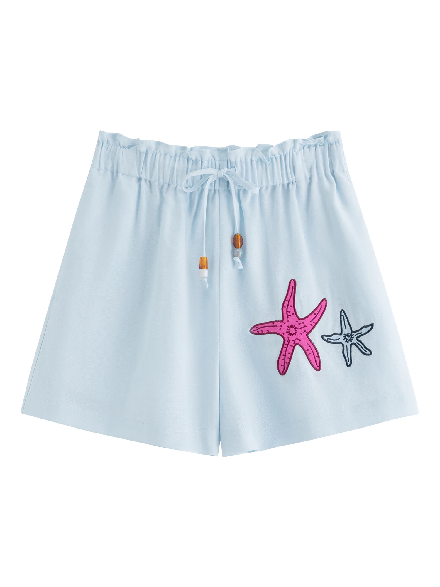 FSLE Linen Shirt Shorts Elastic Waist Trousers Three-piece Set Women Ocean Element Embroidery 2026 Summer Sun-protection Suit