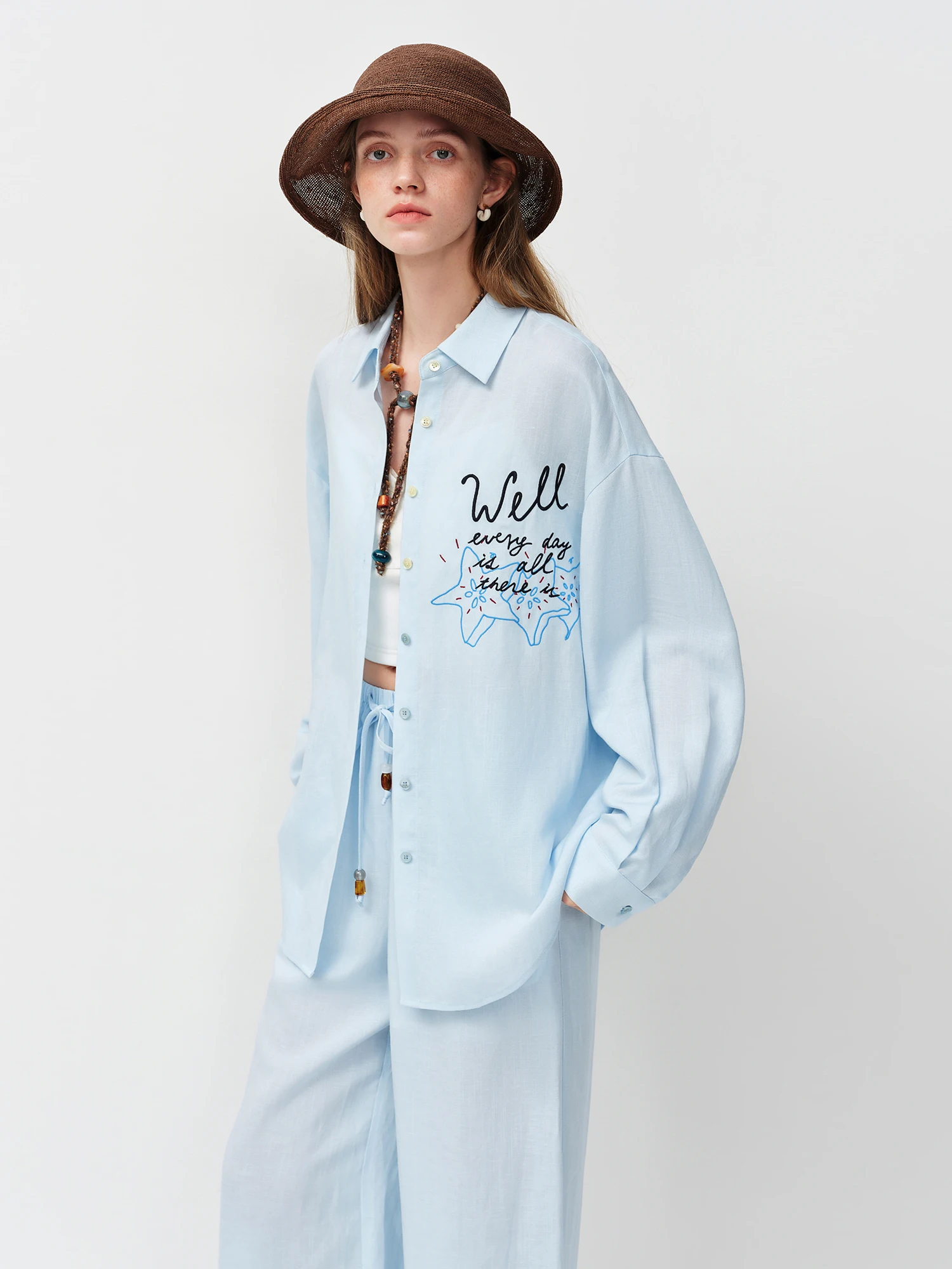 FSLE Linen Shirt Shorts Elastic Waist Trousers Three-piece Set Women Ocean Element Embroidery 2026 Summer Sun-protection Suit
