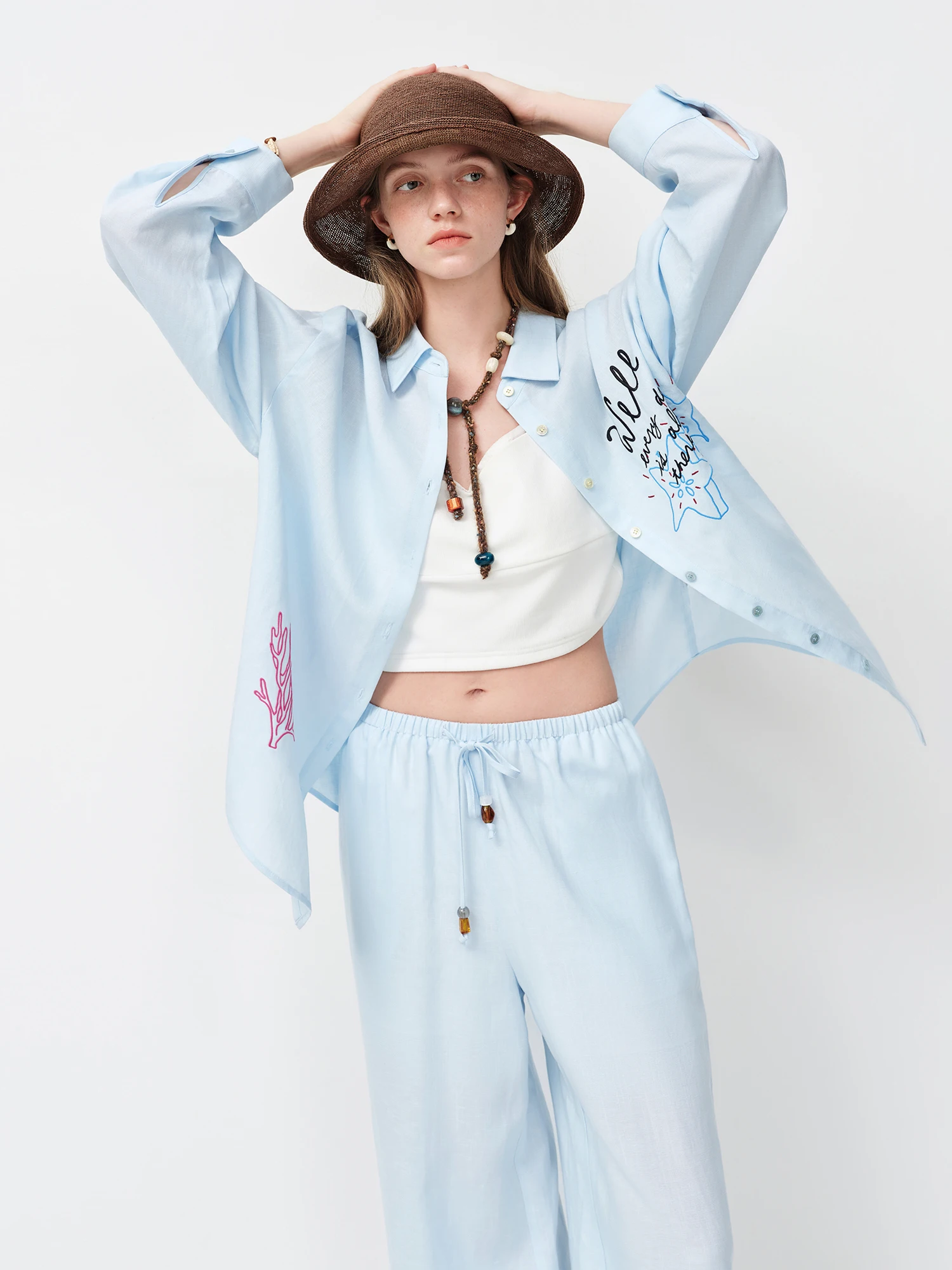 FSLE Linen Shirt Shorts Elastic Waist Trousers Three-piece Set Women Ocean Element Embroidery 2026 Summer Sun-protection Suit