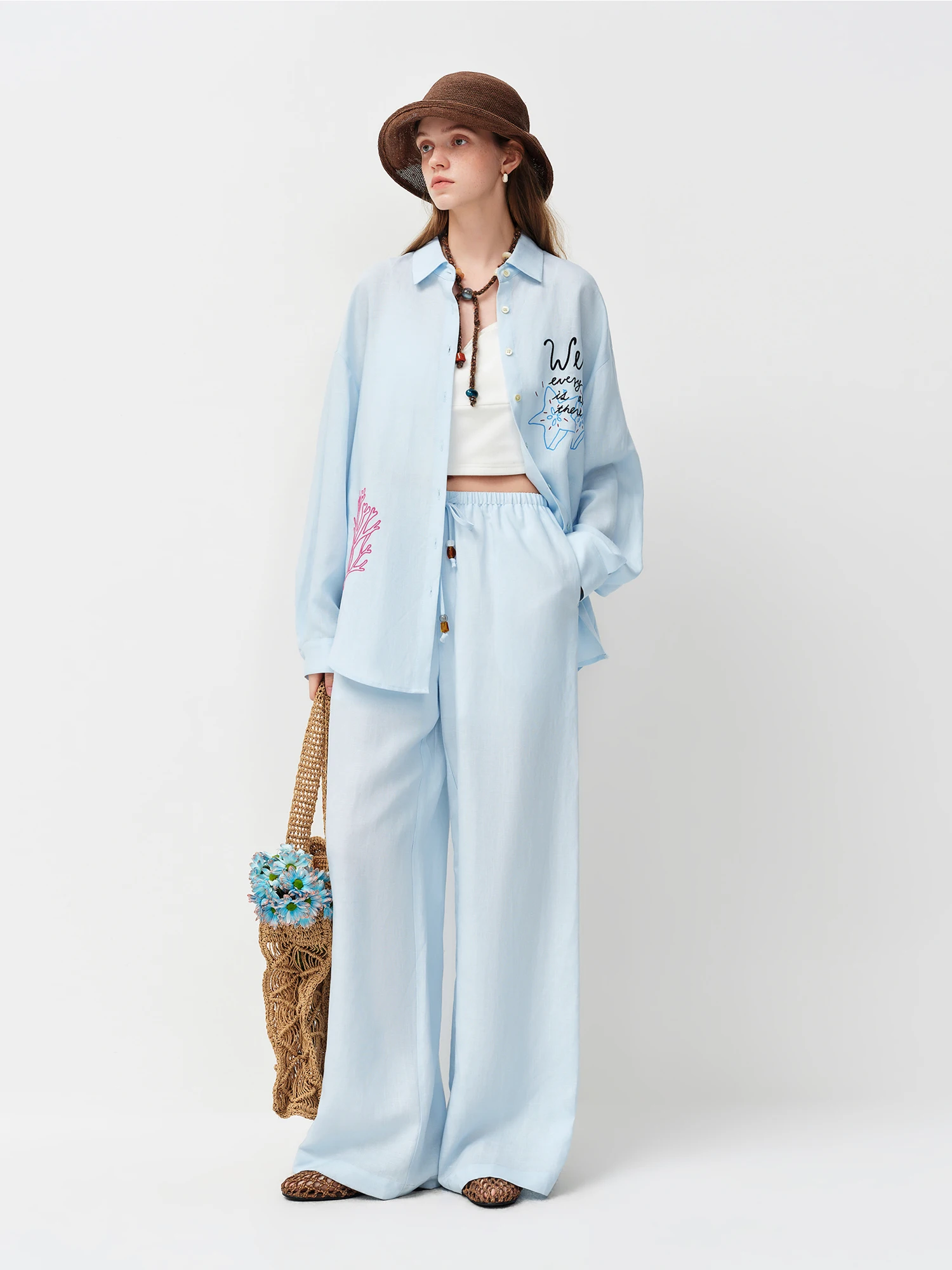 FSLE Linen Shirt Shorts Elastic Waist Trousers Three-piece Set Women Ocean Element Embroidery 2026 Summer Sun-protection Suit