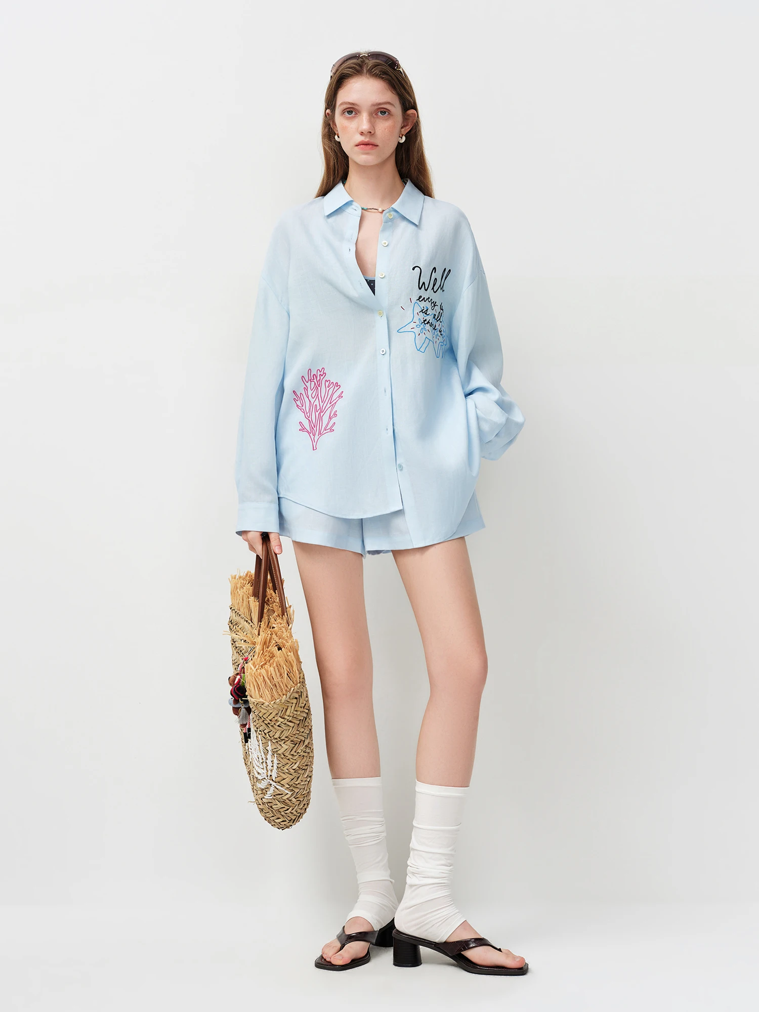 FSLE Linen Shirt Shorts Elastic Waist Trousers Three-piece Set Women Ocean Element Embroidery 2026 Summer Sun-protection Suit
