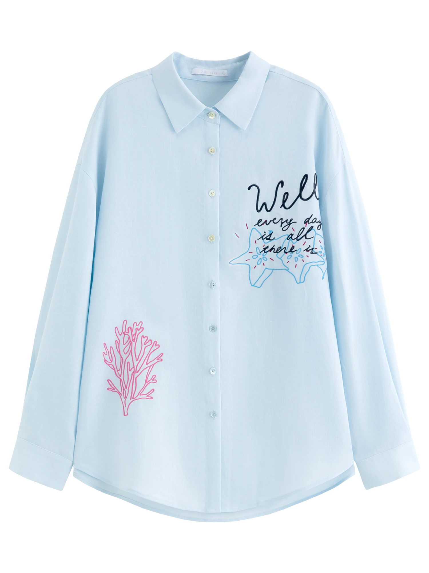 FSLE Linen Shirt Shorts Elastic Waist Trousers Three-piece Set Women Ocean Element Embroidery 2026 Summer Sun-protection Suit