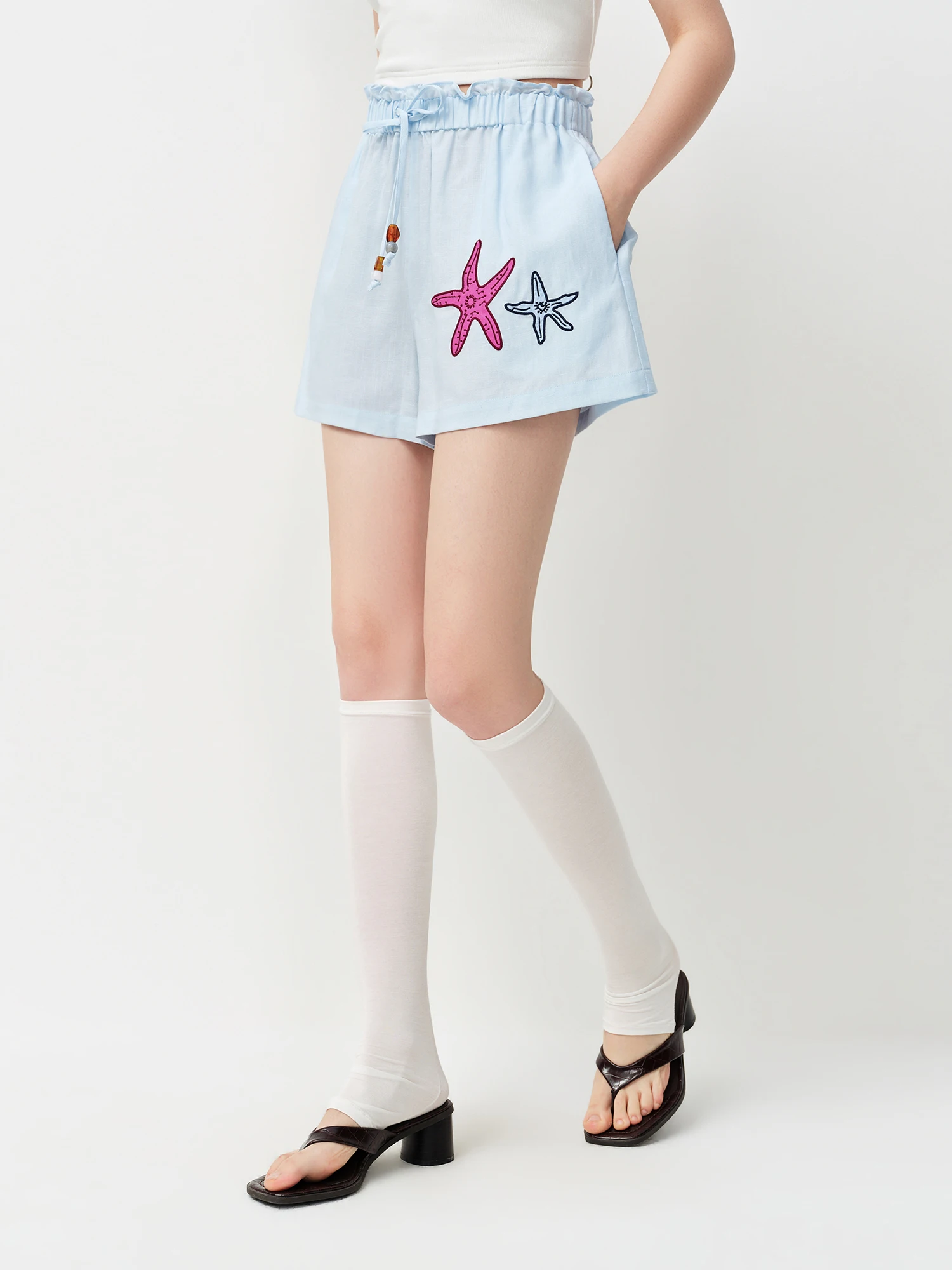 FSLE Linen Shirt Shorts Elastic Waist Trousers Three-piece Set Women Ocean Element Embroidery 2026 Summer Sun-protection Suit