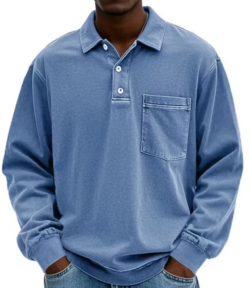 American Style Retro Old Dark Grey Long Sleeve Polo Shirt Loose Lapel Pocket Design Casual All-match Heavy Top for Men