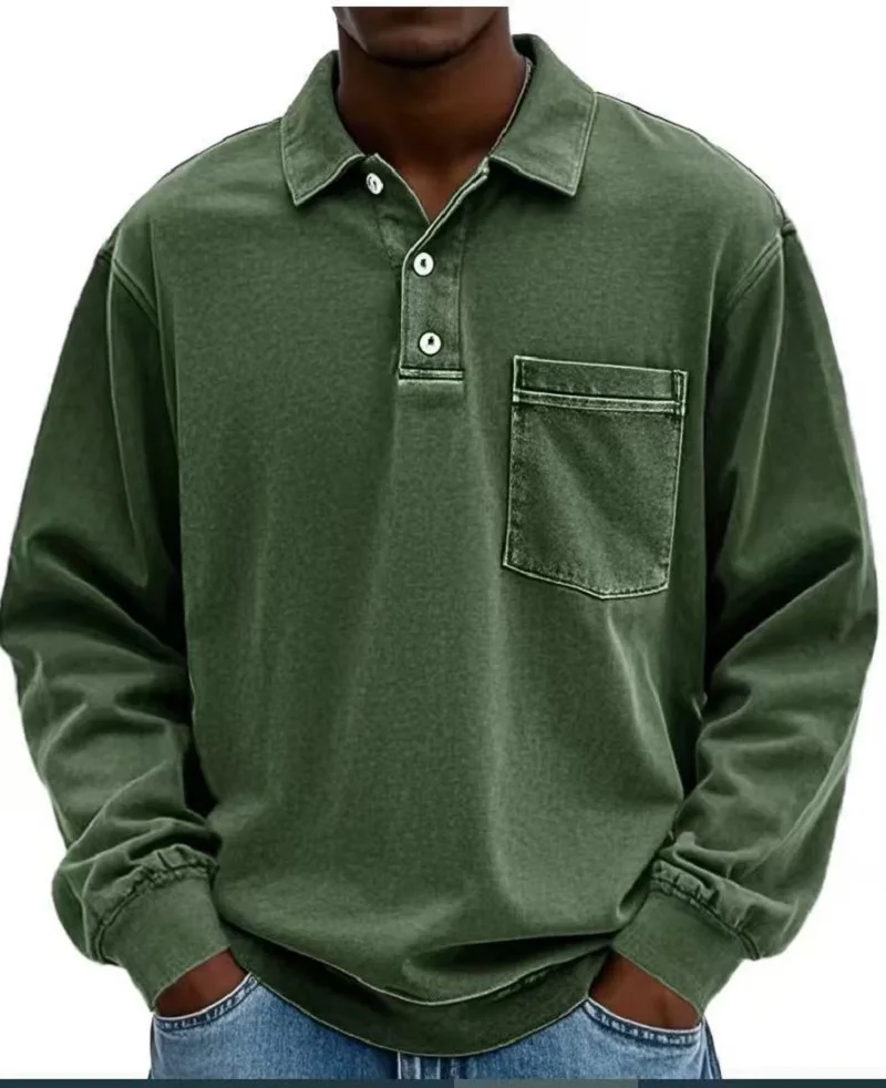 American Style Retro Old Dark Grey Long Sleeve Polo Shirt Loose Lapel Pocket Design Casual All-match Heavy Top for Men
