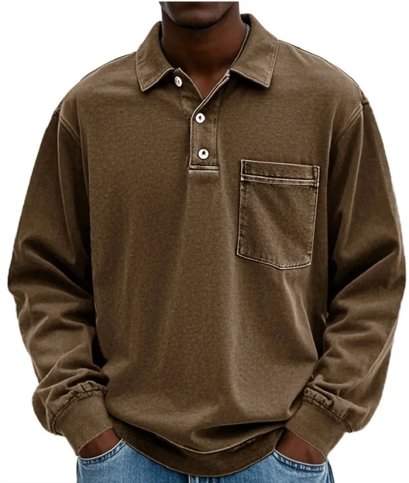 American Style Retro Old Dark Grey Long Sleeve Polo Shirt Loose Lapel Pocket Design Casual All-match Heavy Top for Men