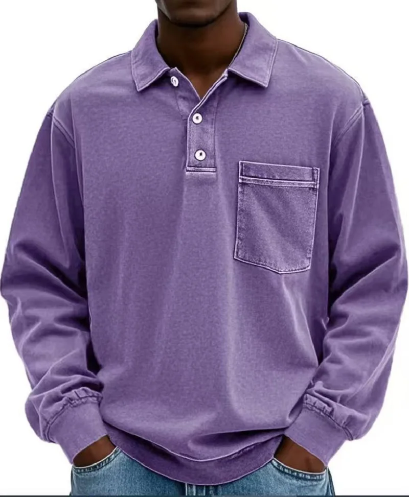 American Style Retro Old Dark Grey Long Sleeve Polo Shirt Loose Lapel Pocket Design Casual All-match Heavy Top for Men