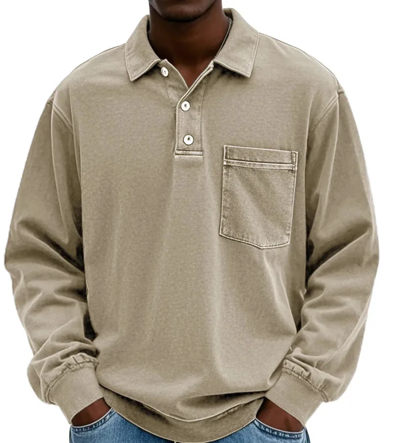 American Style Retro Old Dark Grey Long Sleeve Polo Shirt Loose Lapel Pocket Design Casual All-match Heavy Top for Men