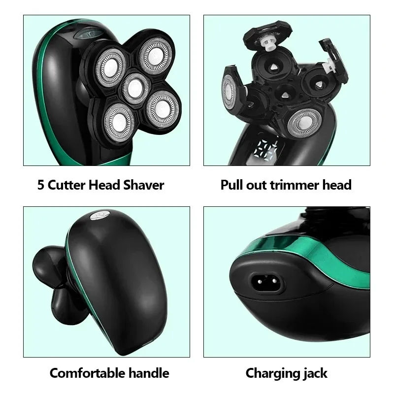 Tinsol 5 in 1 Men's Rechargeable Electric Shaver 5 Floating Head Beard, Nose and Whisker Trimmers 4D Skinhead Shaver Groomer