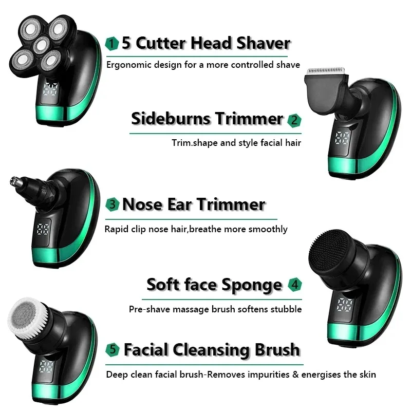 Tinsol 5 in 1 Men's Rechargeable Electric Shaver 5 Floating Head Beard, Nose and Whisker Trimmers 4D Skinhead Shaver Groomer