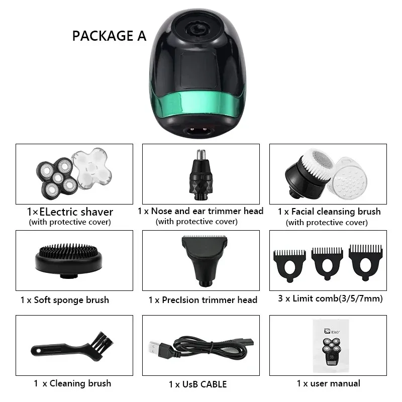 Tinsol 5 in 1 Men's Rechargeable Electric Shaver 5 Floating Head Beard, Nose and Whisker Trimmers 4D Skinhead Shaver Groomer
