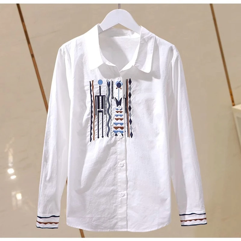 Designer-Inspired Niche Vertical Stripe Slim-Fit Pure Cotton Embroidered Shirt for Women, New Spring and Autumn Style, Versatile Ethnic Style Long-Sleeve Blouse