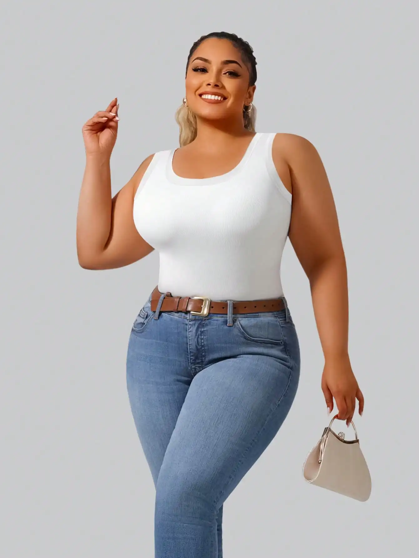 Plus Size Women's Solid Ribbed Tank Top Square Neck Sleeveless Slim Fit Casual Cami