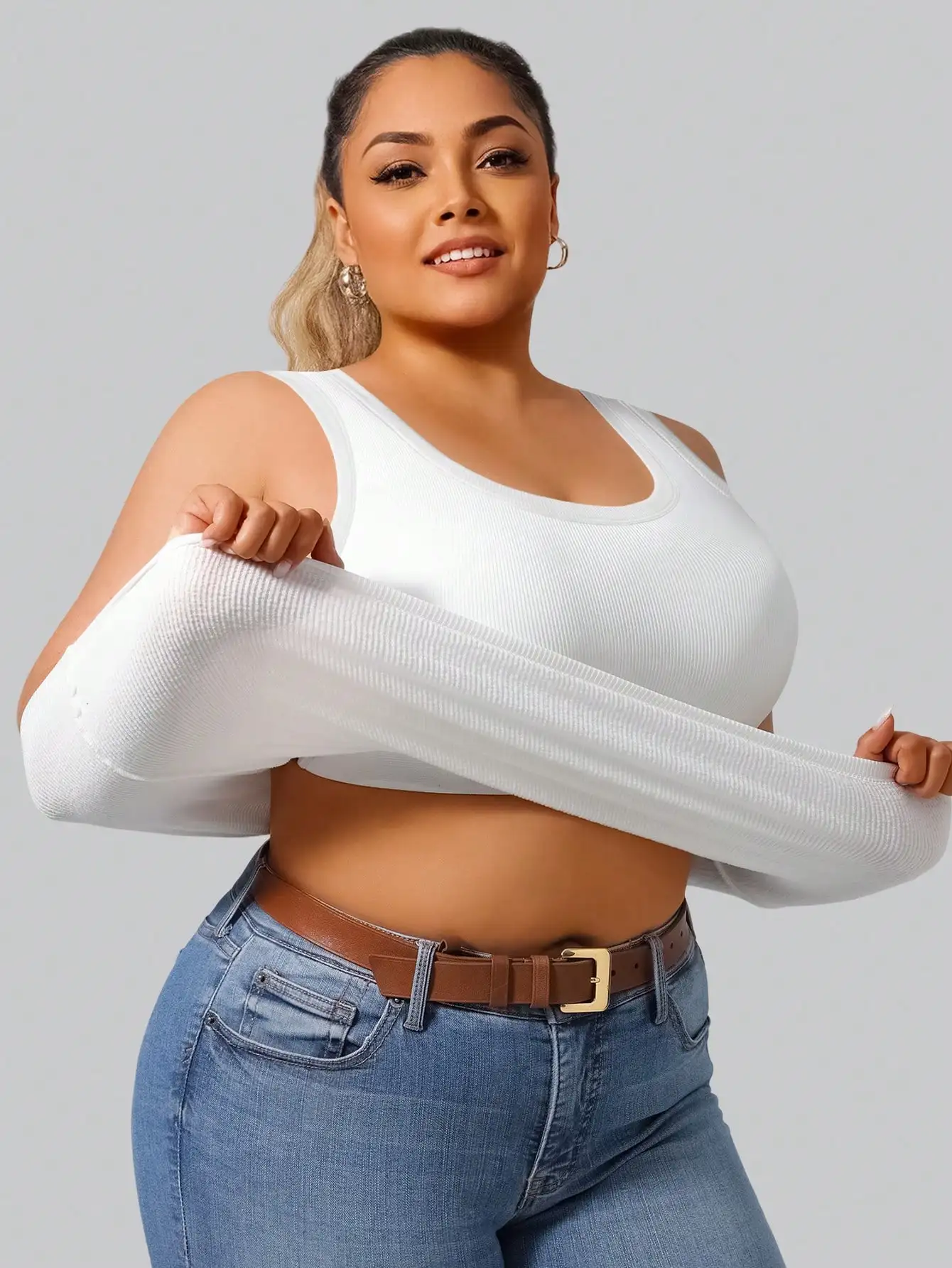 Plus Size Women's Solid Ribbed Tank Top Square Neck Sleeveless Slim Fit Casual Cami