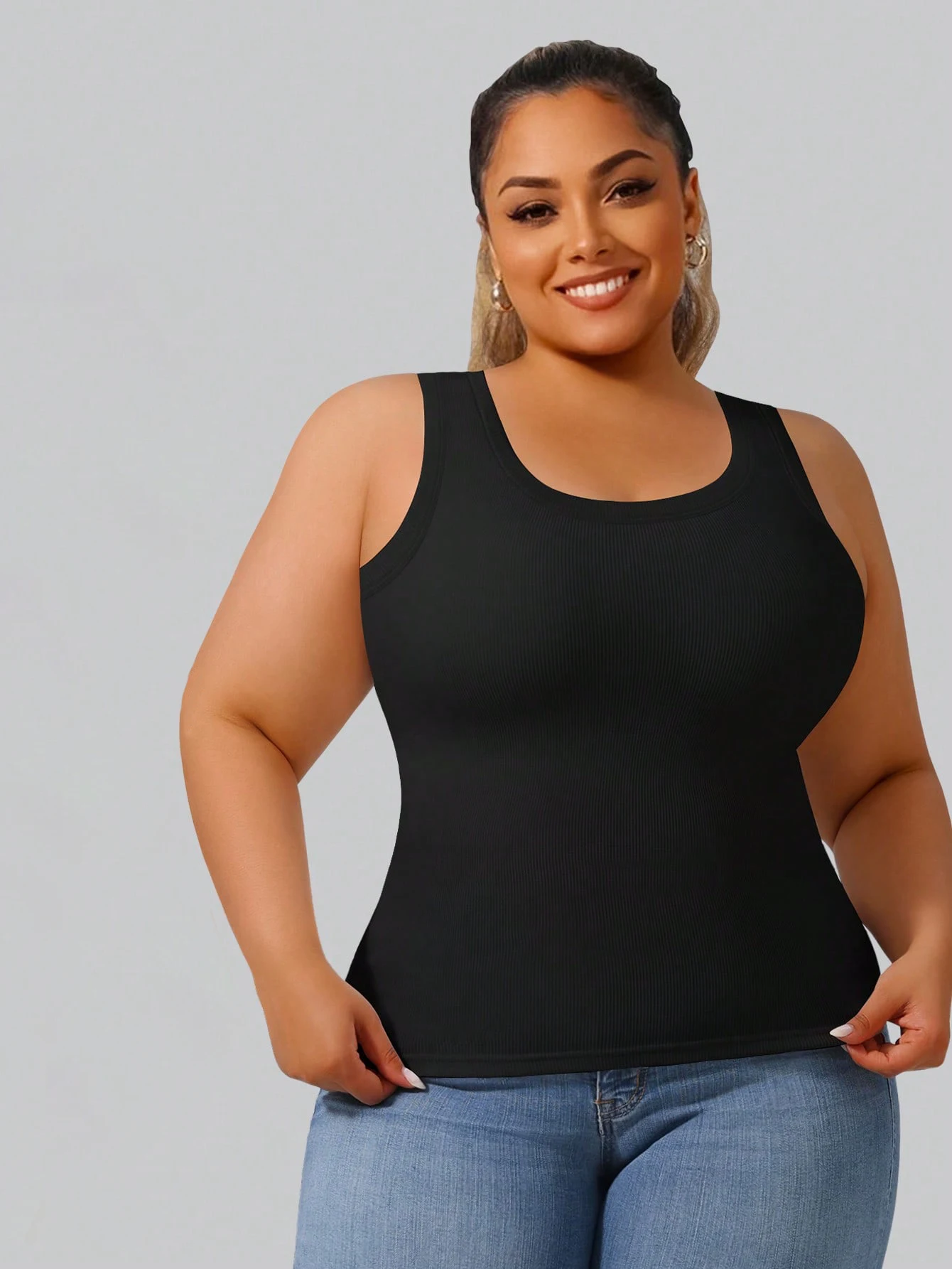 Plus Size Women's Solid Ribbed Tank Top Square Neck Sleeveless Slim Fit Casual Cami