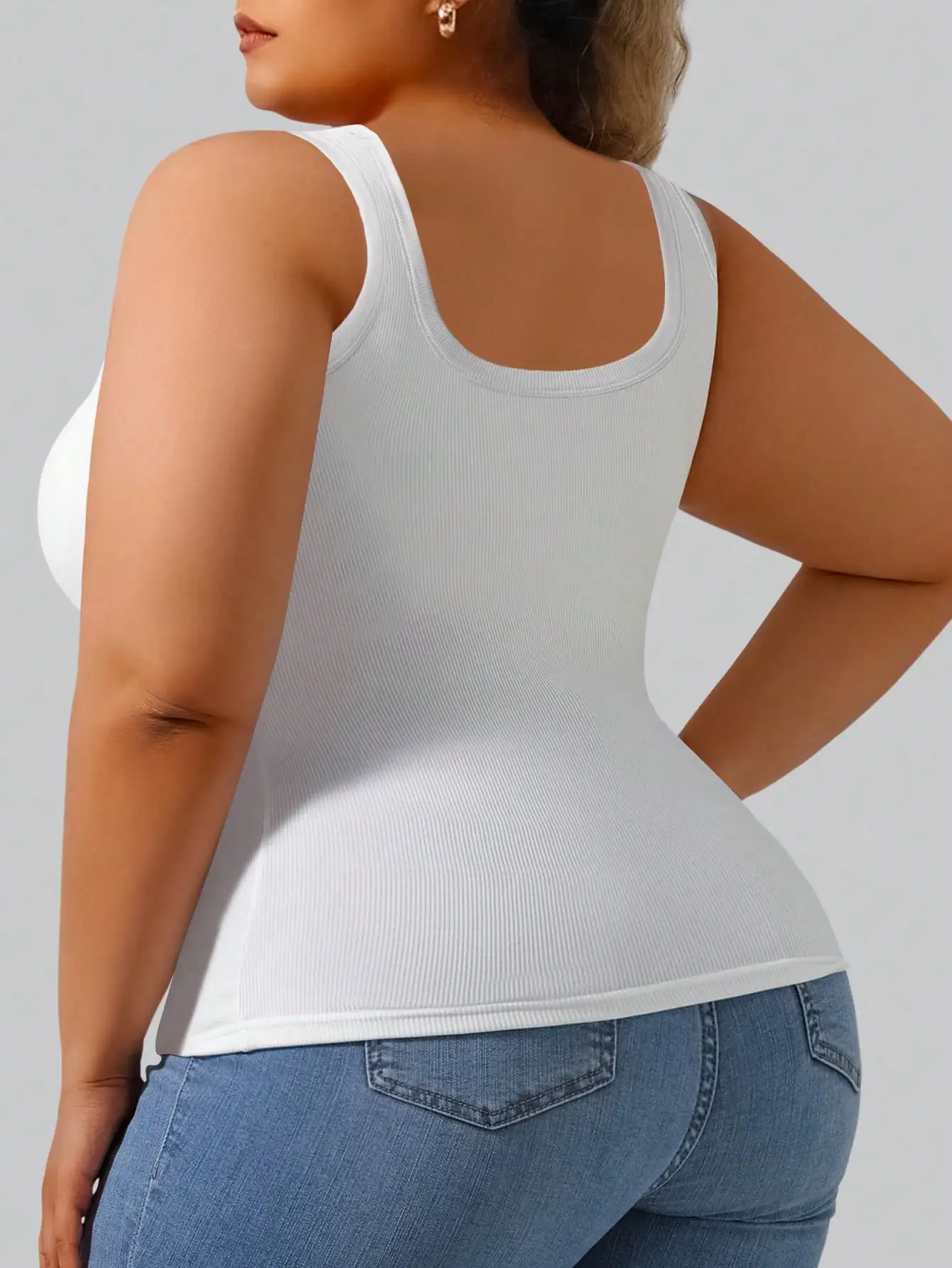 Plus Size Women's Solid Ribbed Tank Top Square Neck Sleeveless Slim Fit Casual Cami