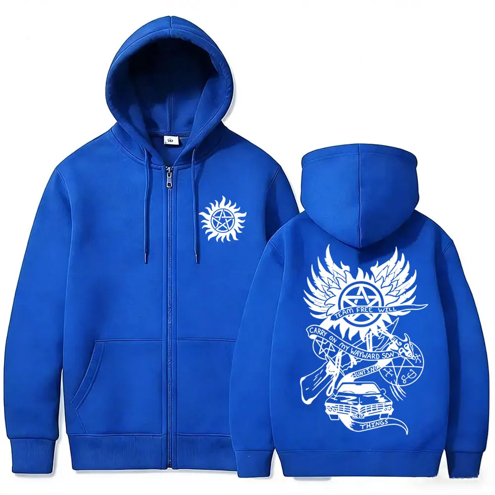 Supernatural Merch Zipper Hoodie Men Women Gothic Rock Oversized Zip Up Jacket Male Casual Retro Fleece Cotton Zip Up Sweatshirt