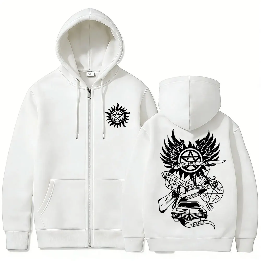Supernatural Merch Zipper Hoodie Men Women Gothic Rock Oversized Zip Up Jacket Male Casual Retro Fleece Cotton Zip Up Sweatshirt