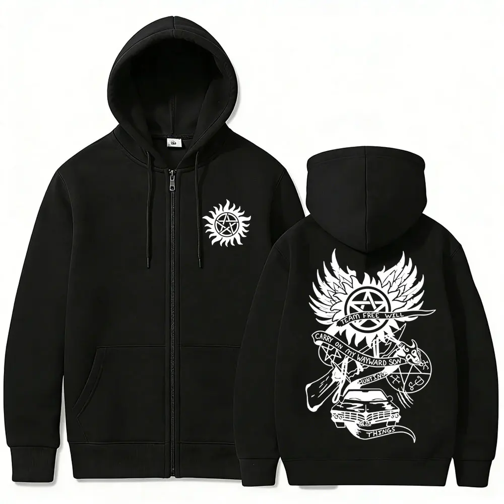 Supernatural Merch Zipper Hoodie Men Women Gothic Rock Oversized Zip Up Jacket Male Casual Retro Fleece Cotton Zip Up Sweatshirt