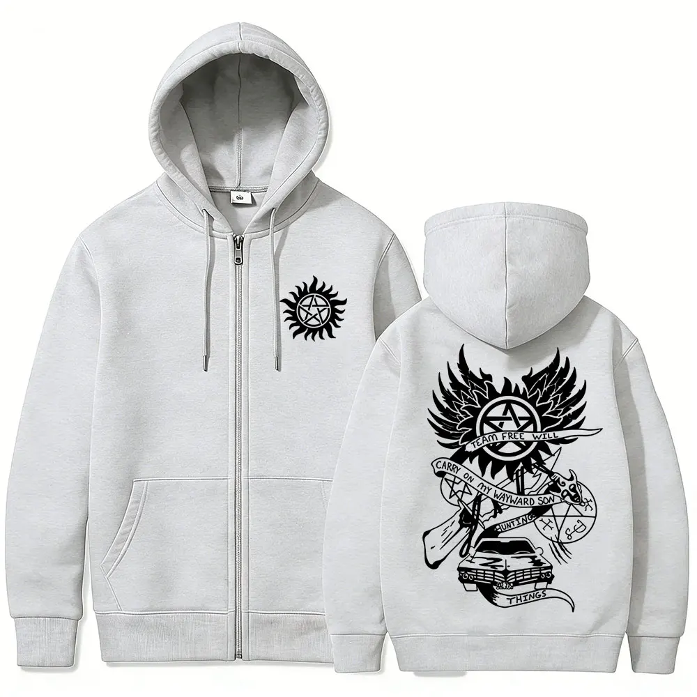 Supernatural Merch Zipper Hoodie Men Women Gothic Rock Oversized Zip Up Jacket Male Casual Retro Fleece Cotton Zip Up Sweatshirt