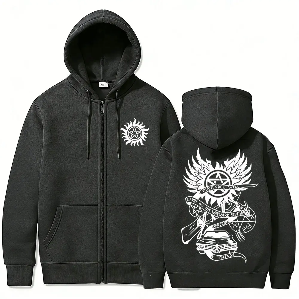 Supernatural Merch Zipper Hoodie Men Women Gothic Rock Oversized Zip Up Jacket Male Casual Retro Fleece Cotton Zip Up Sweatshirt