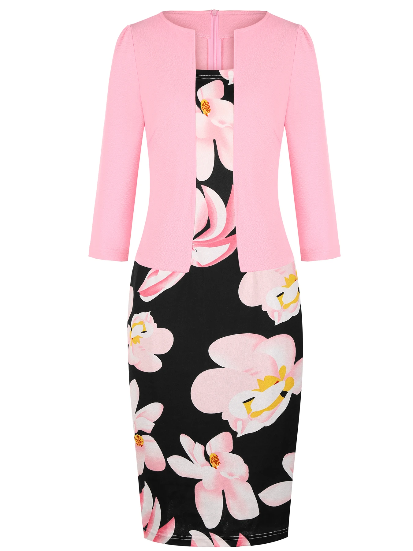 Womens Elegant Floral Print Patchwork Faux Work Office Knee Length 2/3 Sleeve Business Casual Party Pencil Bodycon Sheath Dress