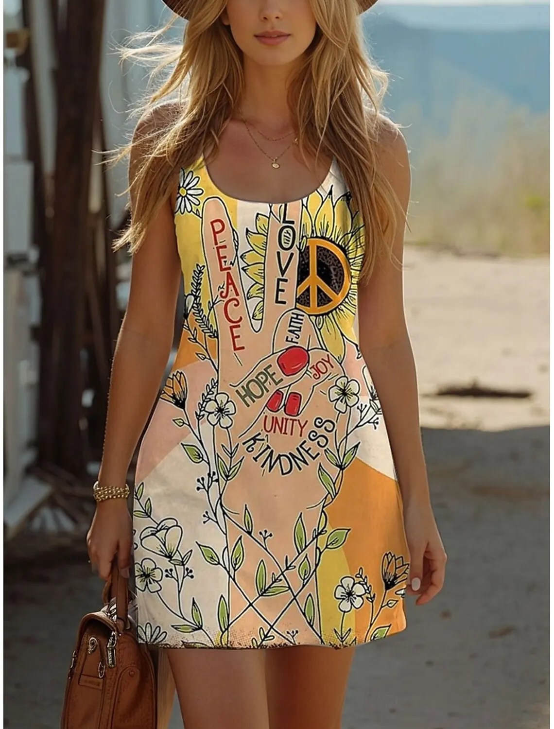 Women's Boho Western Vintage Floral Print Mini Dress, Sleeveless Crew Neck A-Line Loose Casual Summer Vacation Sundress