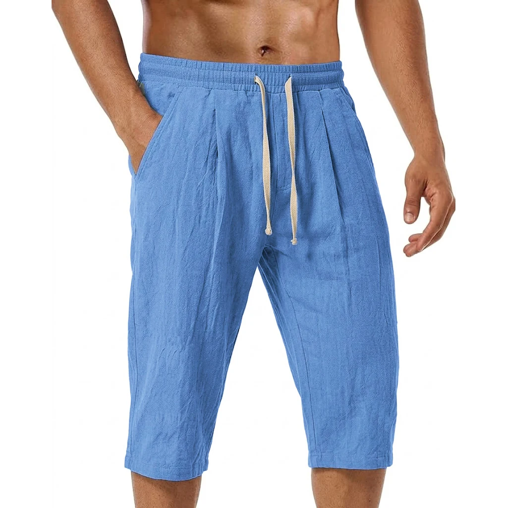 summer Men's Linen shorts pants Solid Color Casual Pants for Men Sport Breathable Baggy Pant Beach Lightweight Cotton Trousers