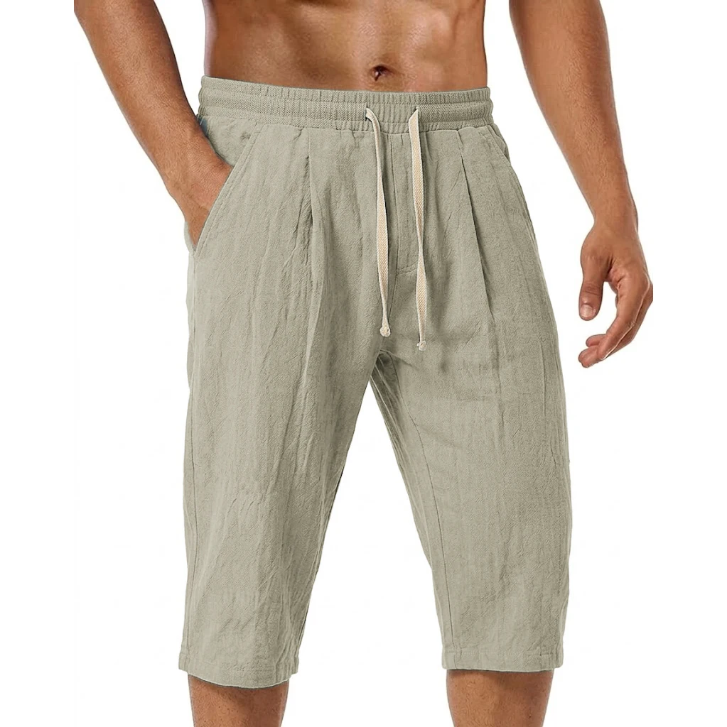 summer Men's Linen shorts pants Solid Color Casual Pants for Men Sport Breathable Baggy Pant Beach Lightweight Cotton Trousers
