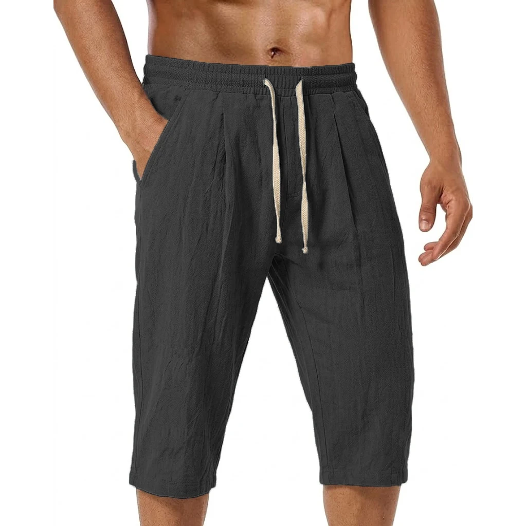summer Men's Linen shorts pants Solid Color Casual Pants for Men Sport Breathable Baggy Pant Beach Lightweight Cotton Trousers