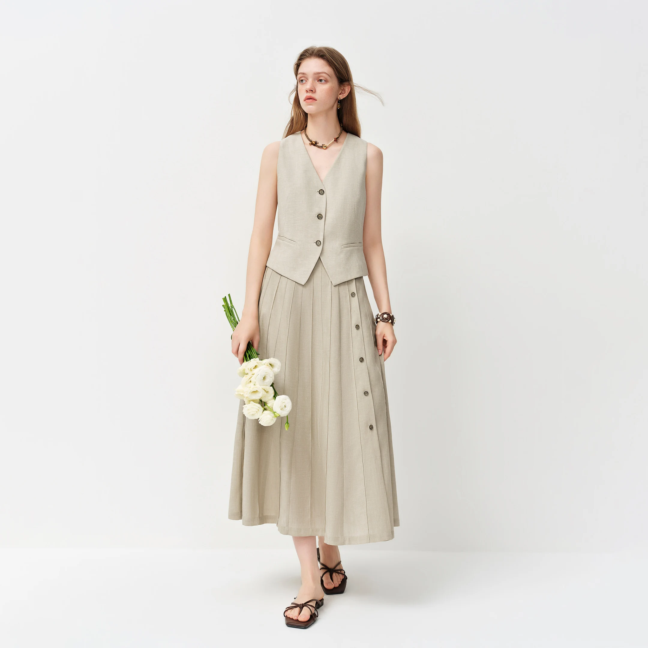 FSLE Old Money Style V-neck Vest for Women Summer 2026 New Style Hemp Skirt Sets Vintage Streetwear Simple