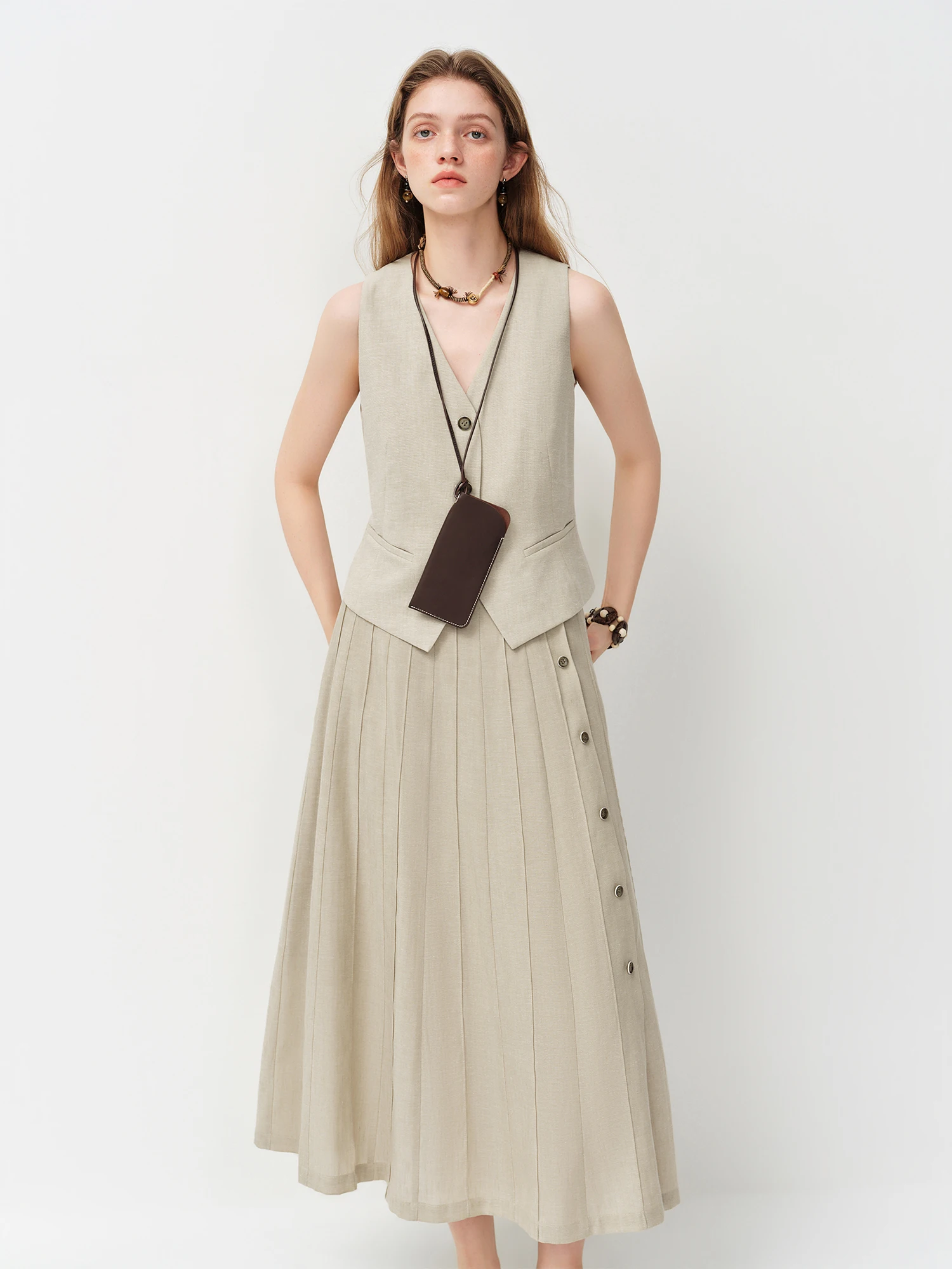FSLE Old Money Style V-neck Vest for Women Summer 2026 New Style Hemp Skirt Sets Vintage Streetwear Simple