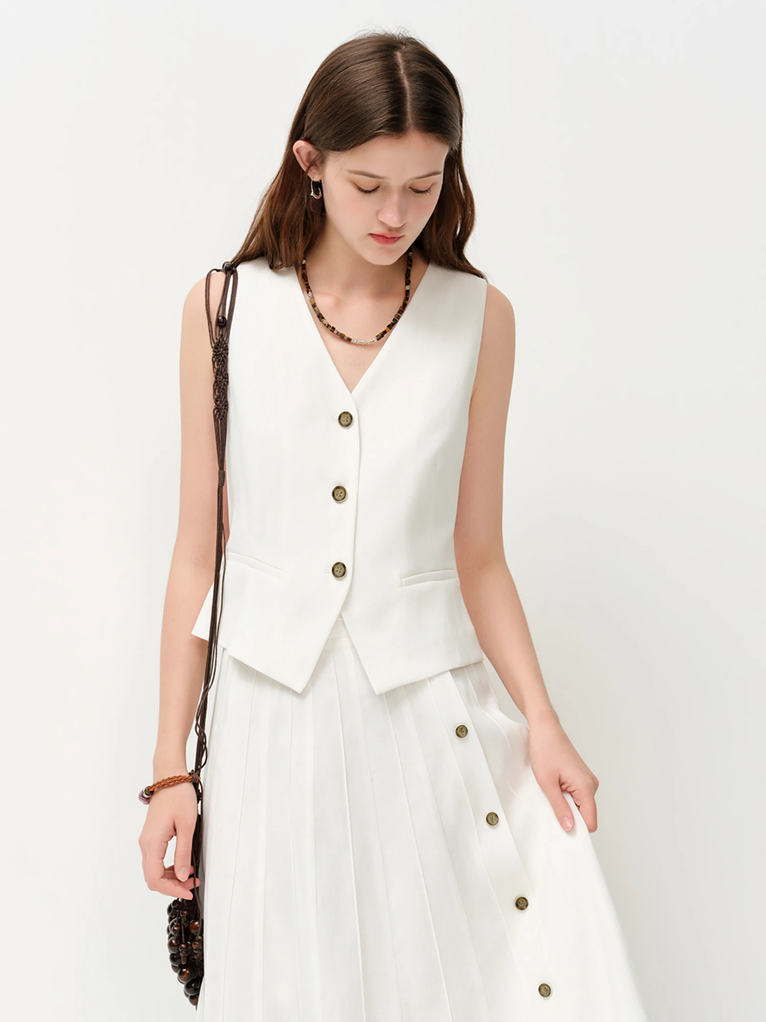 FSLE Old Money Style V-neck Vest for Women Summer 2026 New Style Hemp Skirt Sets Vintage Streetwear Simple