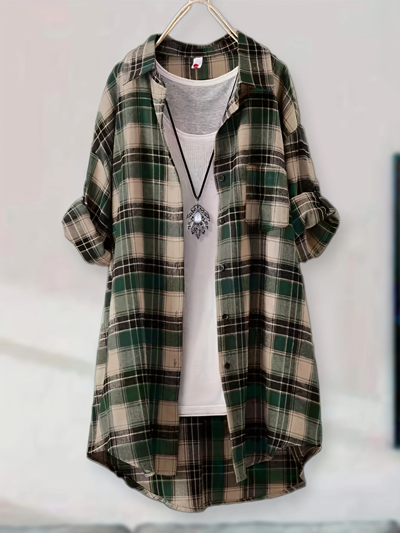 Women's Vintage Red Plaid Long Shirt Dress, Casual Loose Fit Button Down Blouse, Roll Up Long Sleeve Lapel Collar Pocketed Tunic